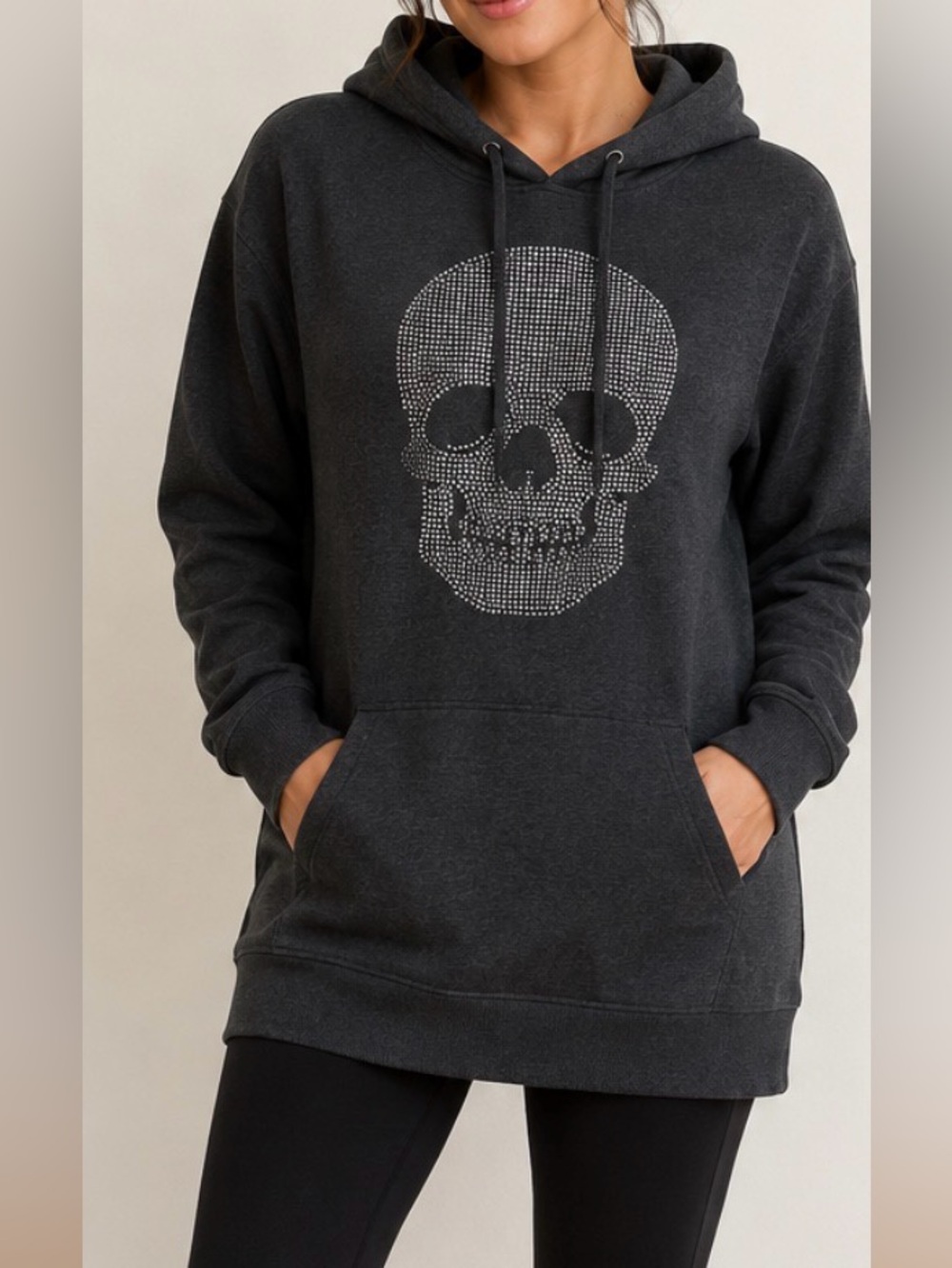 Women's Charcoal Rhinestone Skull Pullover Hoodie